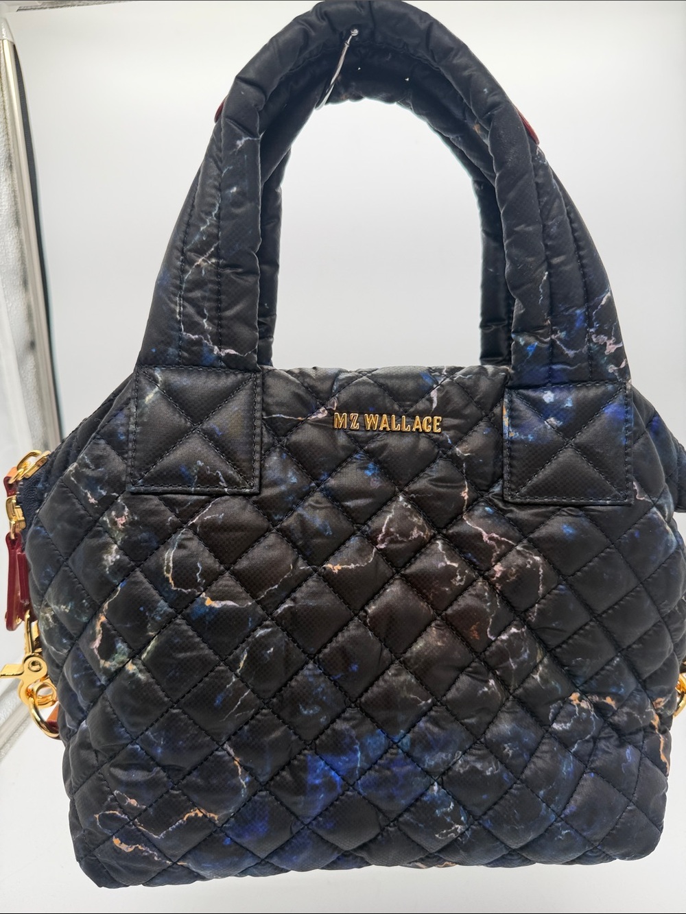 MZ Wallace Quilted Black Marble-Print Satchel with Gold Hardware